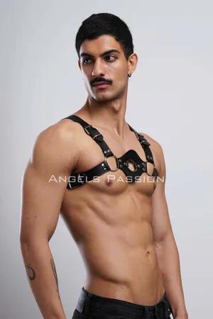 Black vegan leather O-ring chest harness with adjustable straps