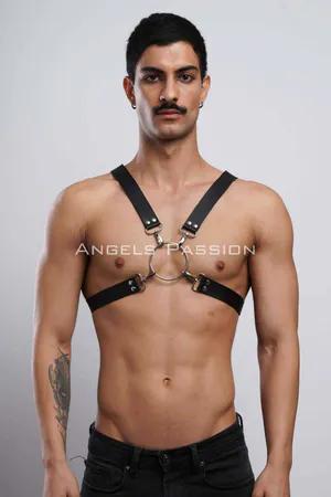 Black faux leather chest harness with silver O-ring and X-back straps