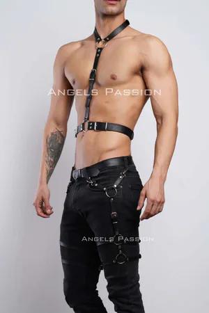 Black Faux Leather Adjustable Chest and Leg Harness Set