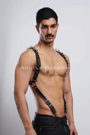 Black Faux Leather Body Harness with Spikes and O-Rings