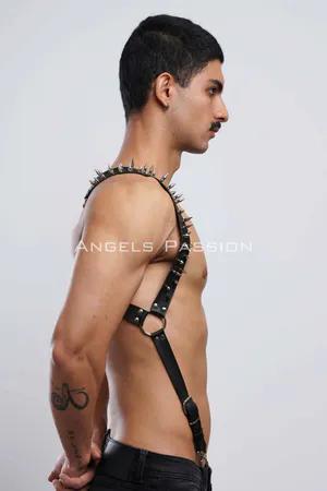 Black Faux Leather Body Harness with Spikes and O-Rings