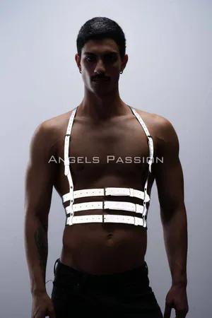 Reflective chest harness with adjustable straps worn by a man