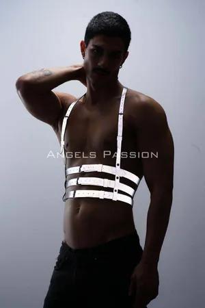 Reflective chest harness with adjustable straps worn by a man