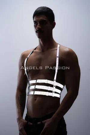 Reflective chest harness with adjustable straps worn by a man