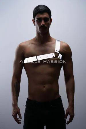 Silver reflective one-shoulder chest harness on male model