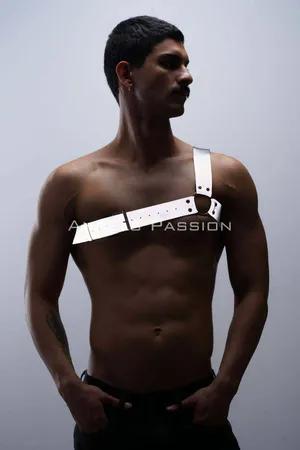 Silver reflective one-shoulder chest harness on male model