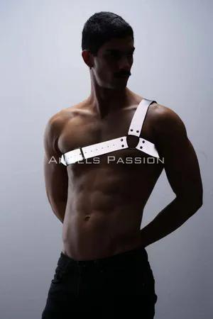 Silver reflective one-shoulder chest harness on male model