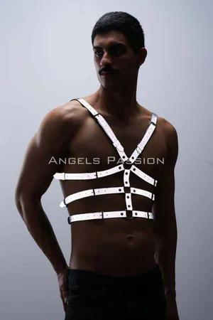 Reflective vegan leather chest harness with O-ring detail for men