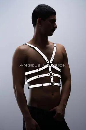 Reflective vegan leather chest harness with O-ring detail for men