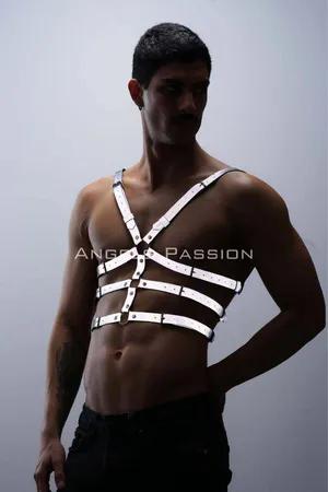 Reflective vegan leather chest harness with O-ring detail for men