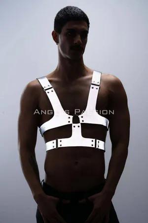 White Reflective Chest Harness Men Adjustable Straps Front View