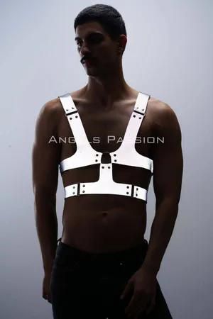 White Reflective Chest Harness Men Adjustable Straps Front View
