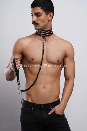 Black faux leather strappy choker with O-ring and leash