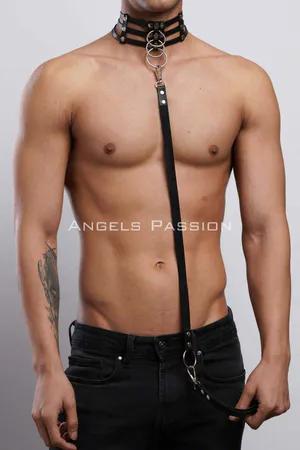 Black faux leather strappy choker with O-ring and leash