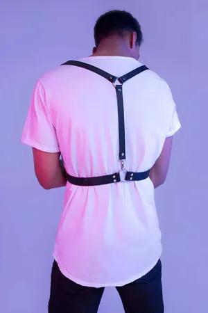Black adjustable faux leather suspenders harness with matte black hardware