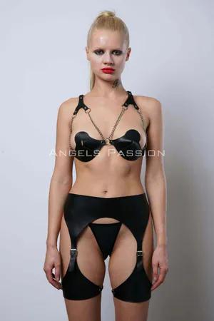 Black Faux Leather Harness Bra and Garter Belt Set with Thigh Straps