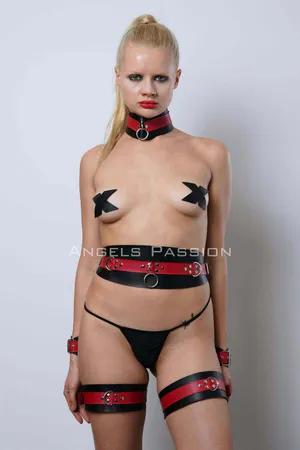 Red and Black Faux Leather Body Harness Set with Waist Belt and Garters