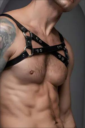 Black faux leather chest harness with O-rings and adjustable straps