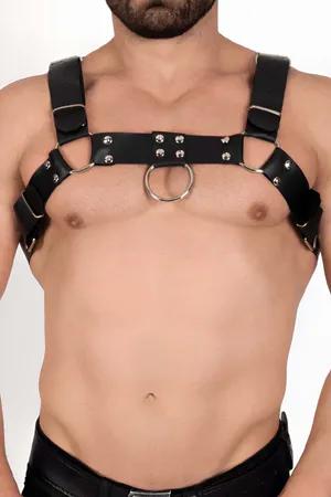 Black Faux Leather Chest Harness with O-Ring and Studs