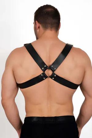 Black Faux Leather Chest Harness with O-Ring and Studs