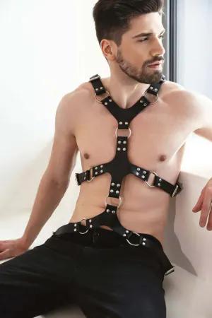 Black faux leather full body harness with adjustable straps and O-rings