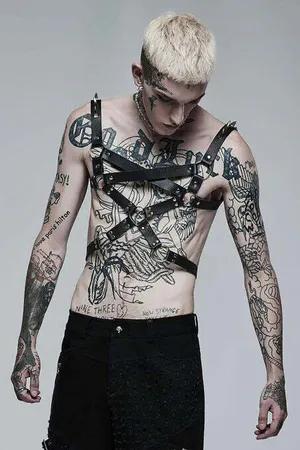 Black faux leather multi-strap chest harness for men with O-rings and spiked shoulder accents