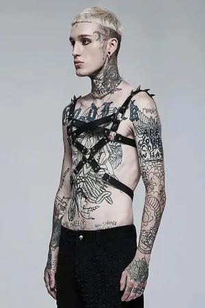Black faux leather multi-strap chest harness for men with O-rings and spiked shoulder accents