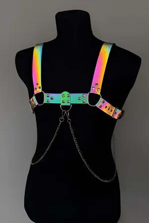 Rainbow iridescent body harness with silver chains and studded band