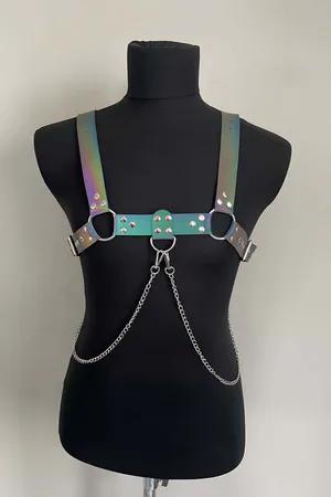 Rainbow iridescent body harness with silver chains and studded band
