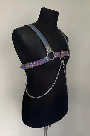 Rainbow iridescent body harness with silver chains and studded band