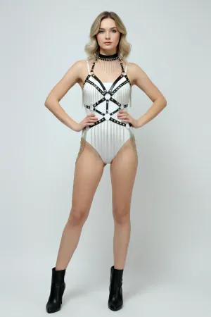 Black faux leather body harness with draped silver chain fringe detail.