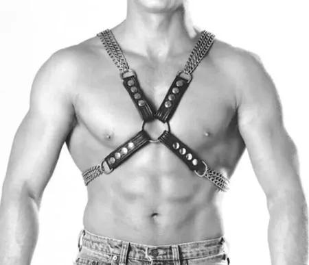 Black faux leather chest harness with silver chain details and central O-ring