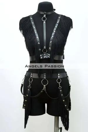 Black Faux Leather Fringe Body Harness with Choker and Thigh Garters Set