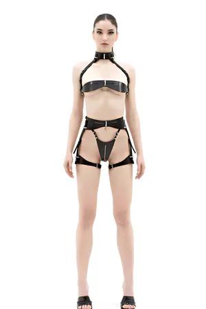 Black Glossy Faux Leather Bra Garter Harness Set Adjustable Straps