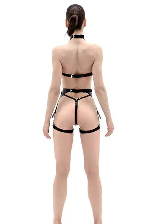 Black Glossy Faux Leather Bra Garter Harness Set Adjustable Straps
