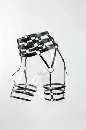 Black Faux Leather High Waist Caged Garter Harness with Multiple Thigh Straps