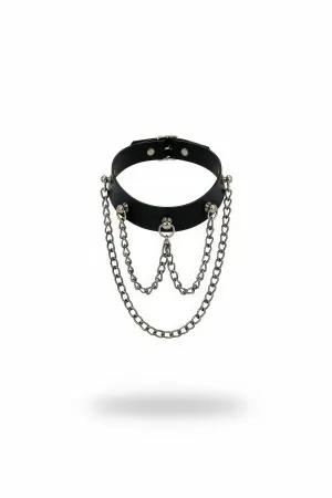 Black faux leather choker collar with three silver chain layers draping downwards