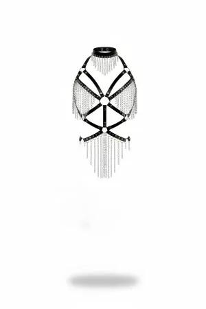 Siyah metalik zincirli body harness choker yaka dikişsiz yapı