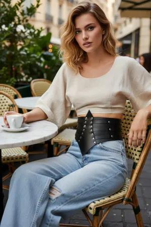 Black Faux Leather Studded Waspie Waist Harness Asymmetrical Hem