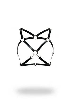 Black Faux Leather Chest Harness with X-Cross Straps and Central Silver O-Ring