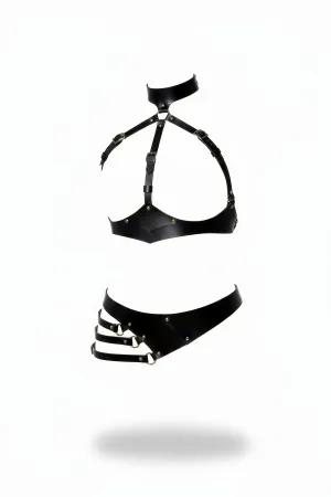 Black Faux Leather Harness Bra and Waist Belt Set with Choker Collar