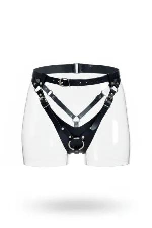 Siyah PU deri vücut harness ve jartiyer seti, ayarlanabilir kayışlar ve metal halka detayları.