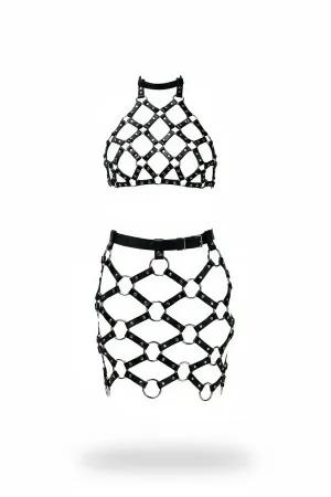 Black faux leather cage harness set with halter crop top and O-ring skirt