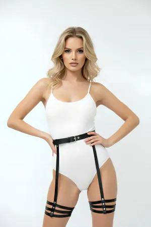 Black faux leather waist harness with triple strap garters