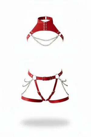 Red Faux Leather Choker and Garter Harness Set with Silver Chains