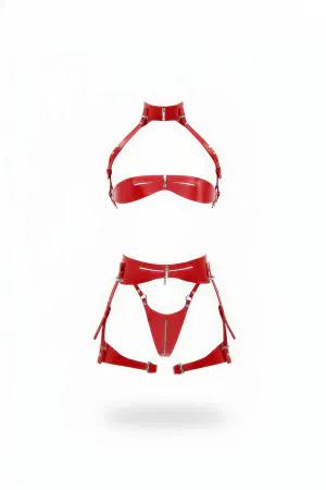 Red Faux Leather Bra Harness and Garter Set with Zipper Details
