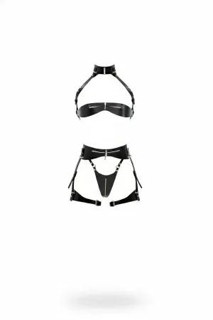 Black Vegan Leather Garter Harness Bralette Set with Halter Neck and Front Zipper Details, Silver Hardware