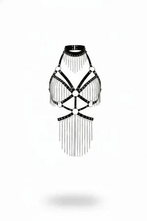 Siyah metalik zincirli body harness choker yaka, kruvaze şeritlerle donatılmış, uzun zincir detaylı vücut aksesuarı