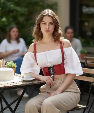 Kırmızı suni deri bağcıklı korse bel aksesuarı
