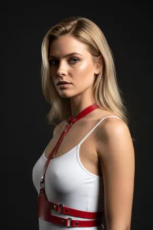 Red faux leather chest harness with integrated choker and O-ring detail
